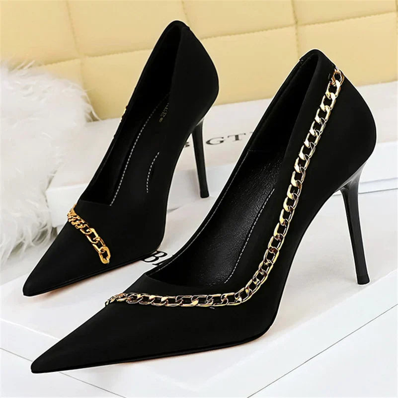 Women 9.5cm high heels metal chain pumps silk stiletto nightclub party girls event prom fashion – Pollyanna Events