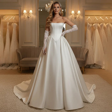 Elegant Satin Strapless Wedding Dress Vestidos Novia Long A Line Ball Gown For Bride Backless Bridal Party Gown With Train
