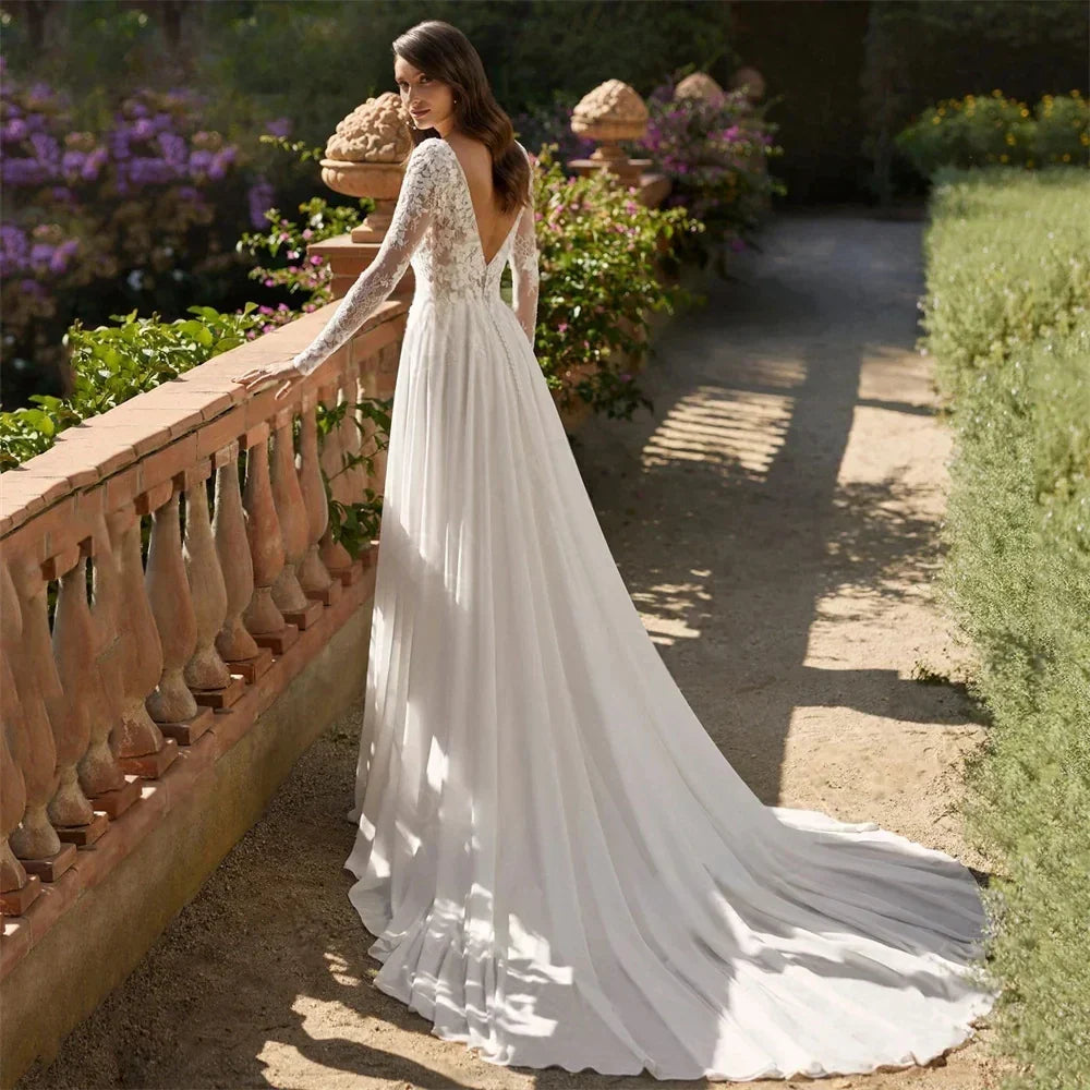 New boho scoop lace appliques long sleeves backless chiffon beach bridal party gown – Pollyanna Events