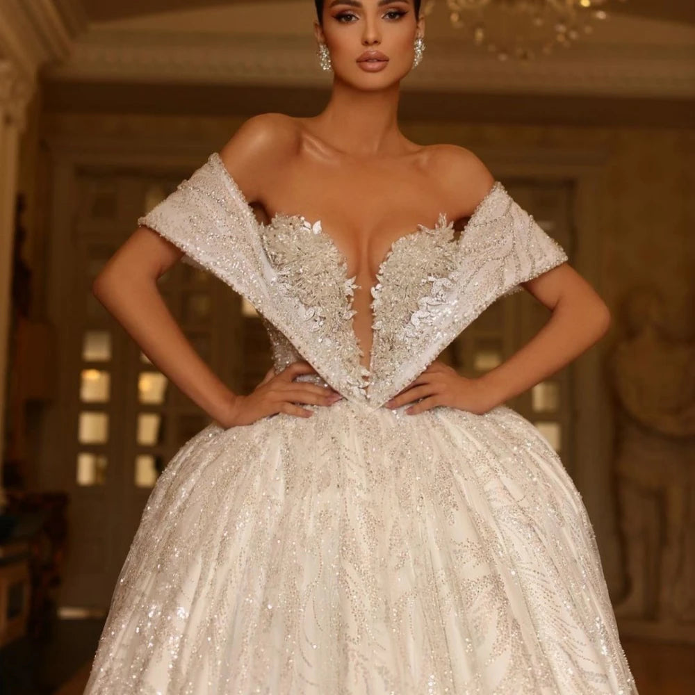 Abito squisito abito da ballo diserbare lucido perline per perline da sposa da sposa da sposa modesta abiti da sposa lunghi lunghi pavimenti vestidos de nolia