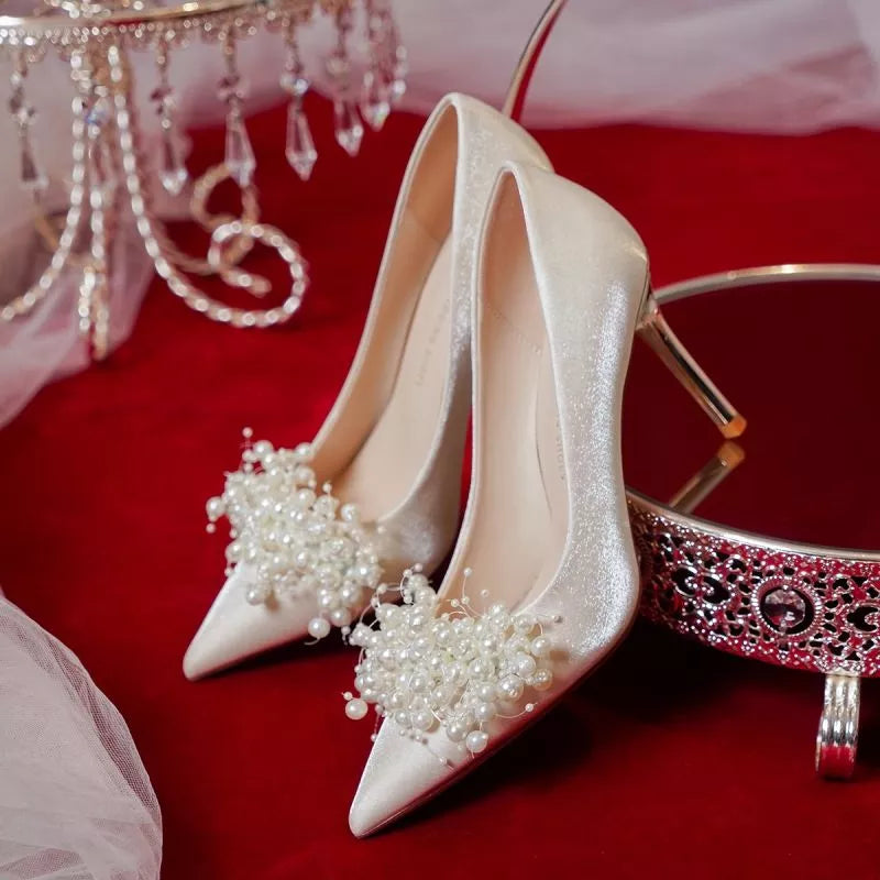 French bride bridesmaid white pearl stiletto heel high heels wedding shoes women zapatillas – Pollyanna Events