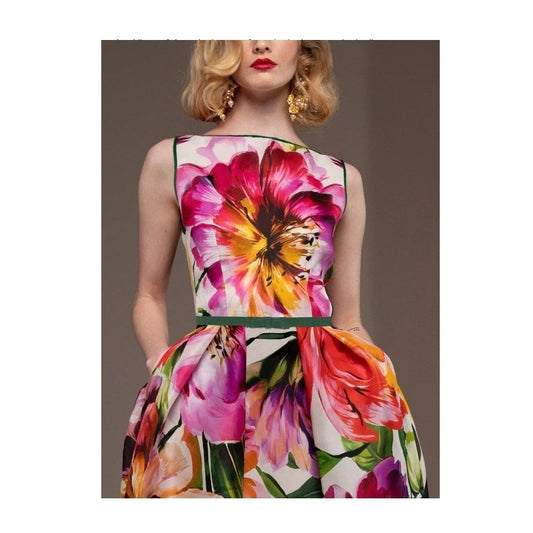 neck Knee-length Skirt Women's Everyday Street Short-sleeved Skirt Fashion Floral Print Party Skirt Loose Dress