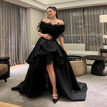 Long Evening Dress For Sexy Women 2024 فساتين السهرة Luxury Feathers A-Line High Split Formal Black Cocktail Party Prom Gown