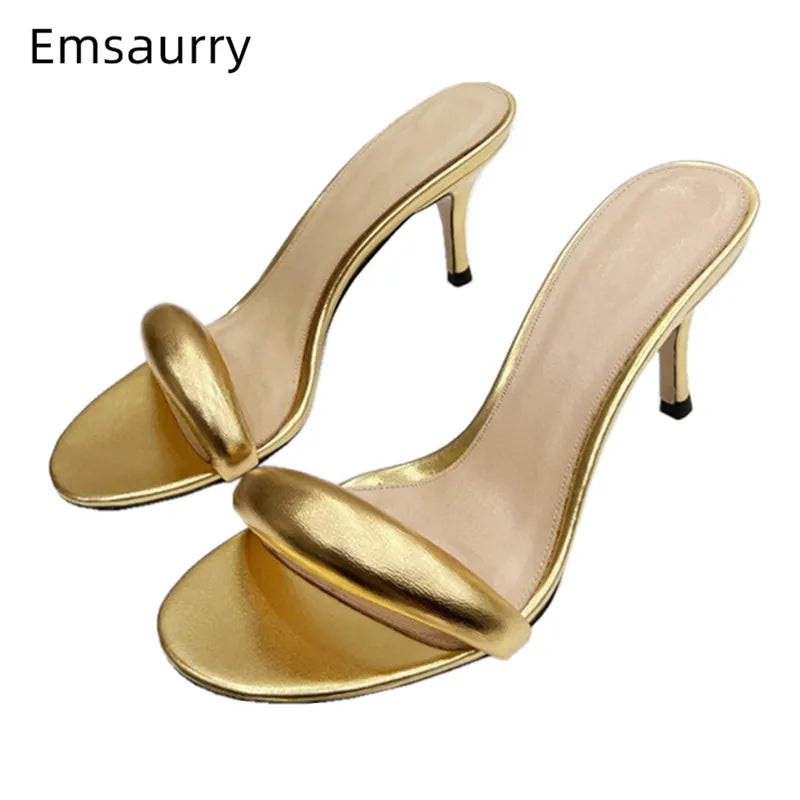 Sexy One-Strap Narrow Band Sandals Women Kitten Heel Slingbacks Genuine Leather Concise Slim Summer Mules For Girls