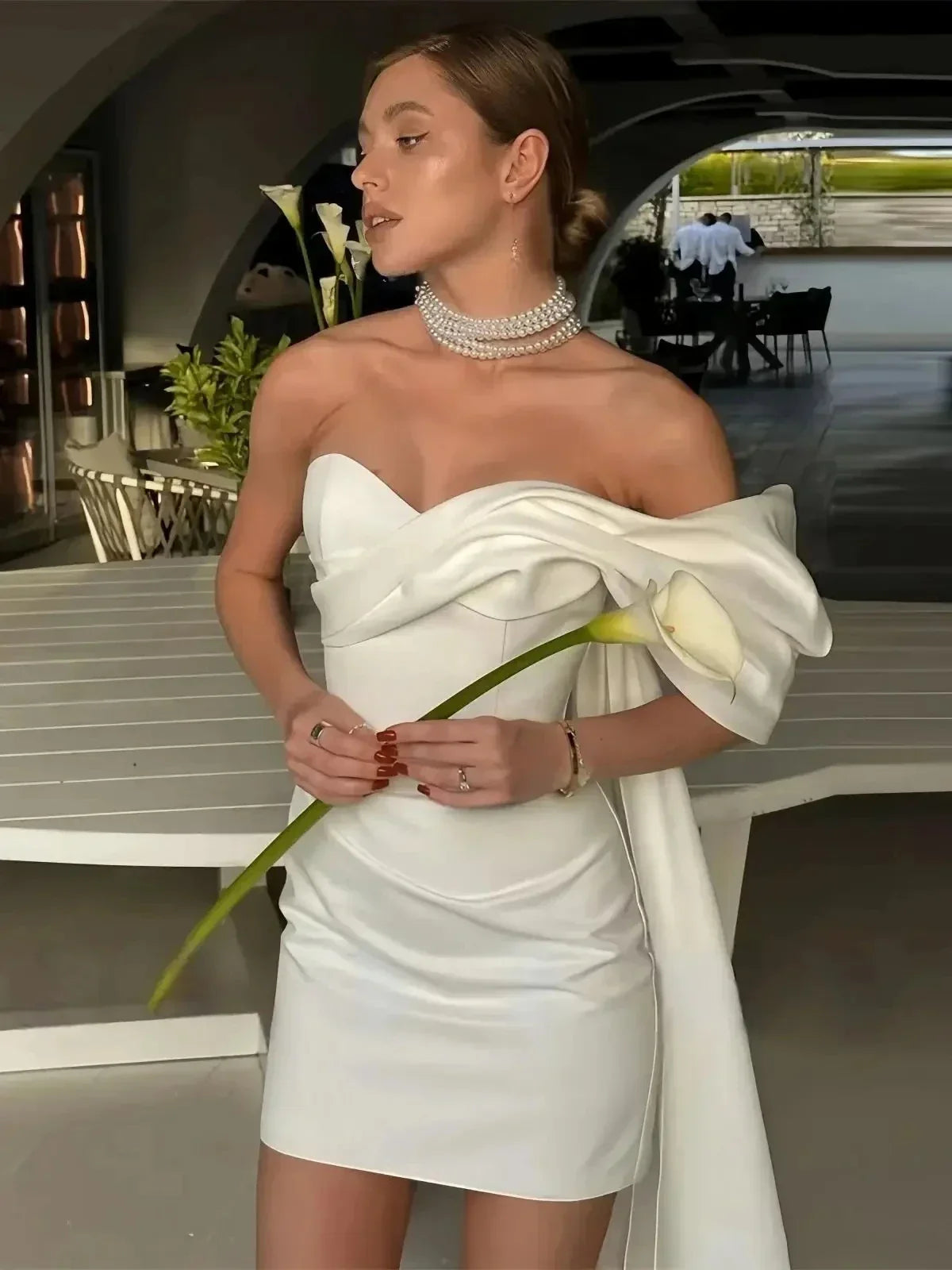 One shoulder mini satin modern strapless sheath bridal gown elegant wedding dress – Pollyanna Events