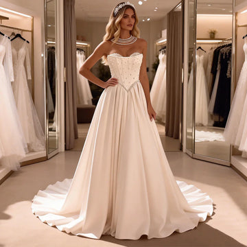 Romantic Satin Pearl Sweetheart Wedding Dress For Women Strapless Ball Gown For Bride Long Backless Bridal Party Gown