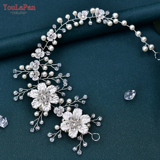YouLaPan Flower Headpiece Wedding Headband for Bride Crystal Pearls Women Tiara Bridal Headpieces Hair Jewelry Accessories HP295