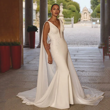 Sexy Deep V Neck Wedding Dresses For Women 2025 Customized Lace Apliques Bride Dress Cape Backless Mermaid Bridal Gown