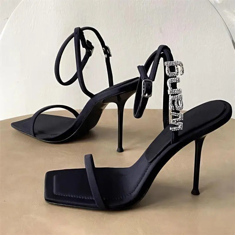 Black one-word strap stiletto square toe rhinestone letter women high heels sandals summer – Pollyanna Events