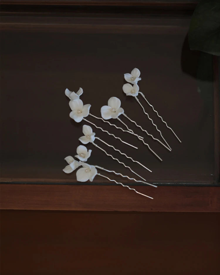 Bridal Jewelry Pearl Hair Pin Clip Porcelain Flower Head Piece For Bride Women Silver Color Hairpin Earrings Wedding Accessories
