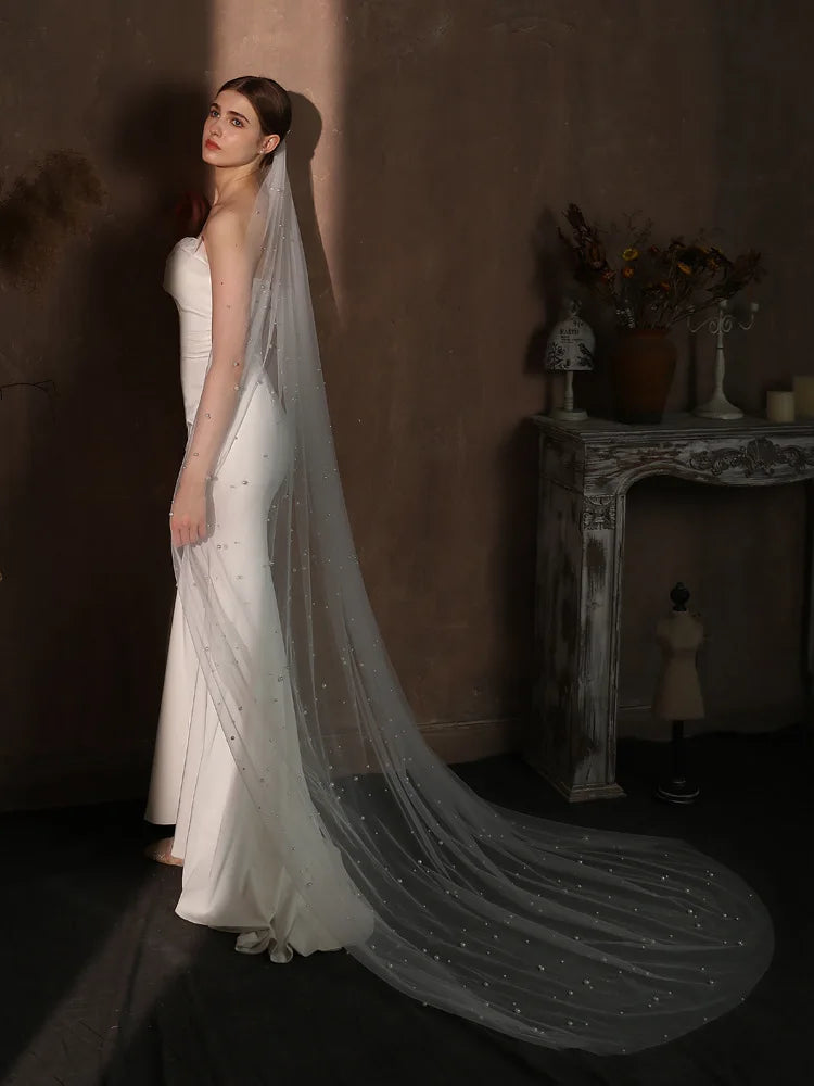 Pearl Long Bridal Veil White Lace Wedding Veils For Evening Dinner Party Dress Women Gift Hair Accessories Brides Jewelry