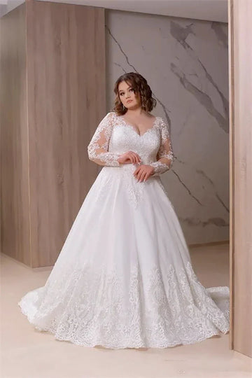 Sweep train A-line lace plus size V-neck long illusion sleeve appliqued bridal gown – Pollyanna Events