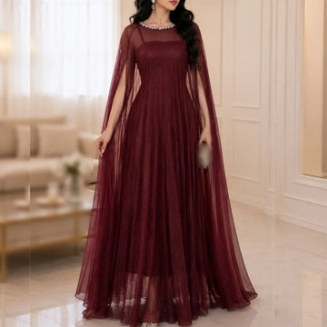 Classic Evening Dress Gowns for Banquet Rhinestone O-Neck Pleat Long Dress Wedding Party Dress