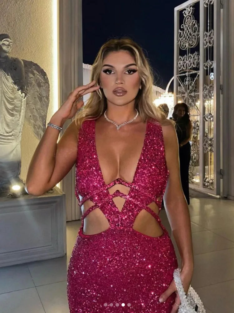 Women Luxury Sexy V Neck Cut Out Red Sequins Maxi Long Gowns Dress 2024 Elegant Evening Party Club Dress Vestido