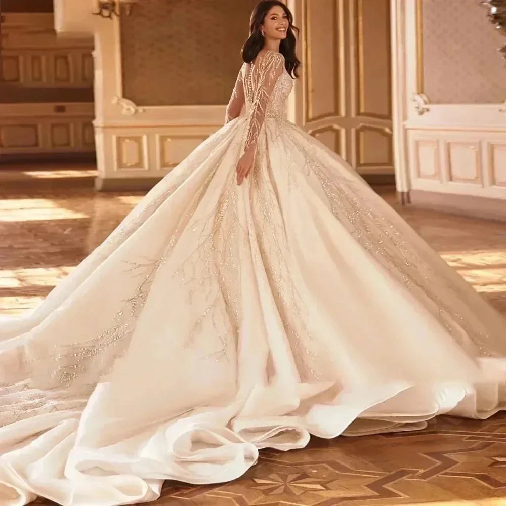 Luxury puffy sheer neck lace sequins long sleeves satin church bridal gown wedding dress – Pollyanna Events