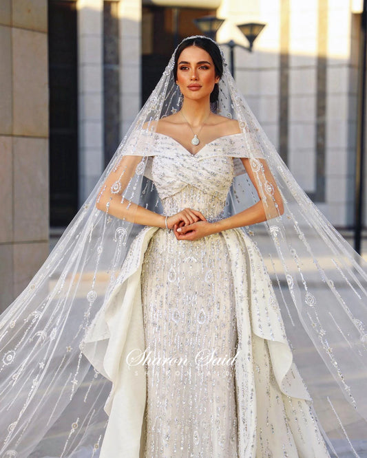 High-end op maat gemaakte luxe Dubai kralen zeemeermin trouwjurk met overskirt uit schouder Arabische bruid jurken SW031