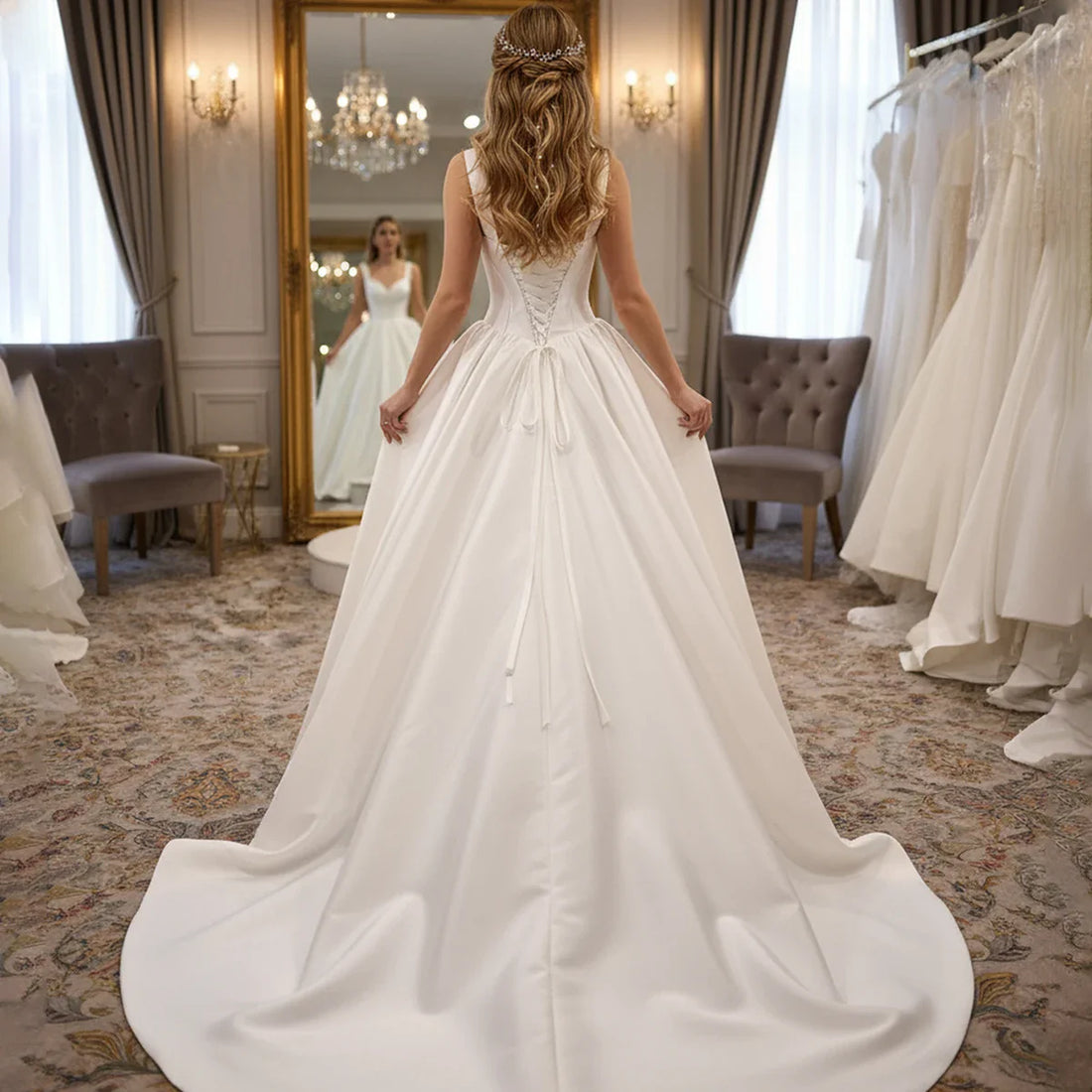 Beach Vestidos Novia V Neck Pleated Wedding Dress Long Satin Ball Gown For Bride Button A Line Puffy Bridal Party Gown For Women