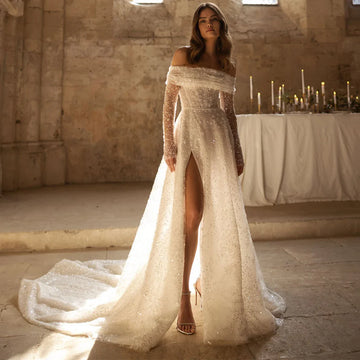 Luxury Beaded Sparkly Lace Wedding Dress Off Shoulder Bridal Party Gown For Women Long Sleeve Ball Gown With Train Vestido Novia