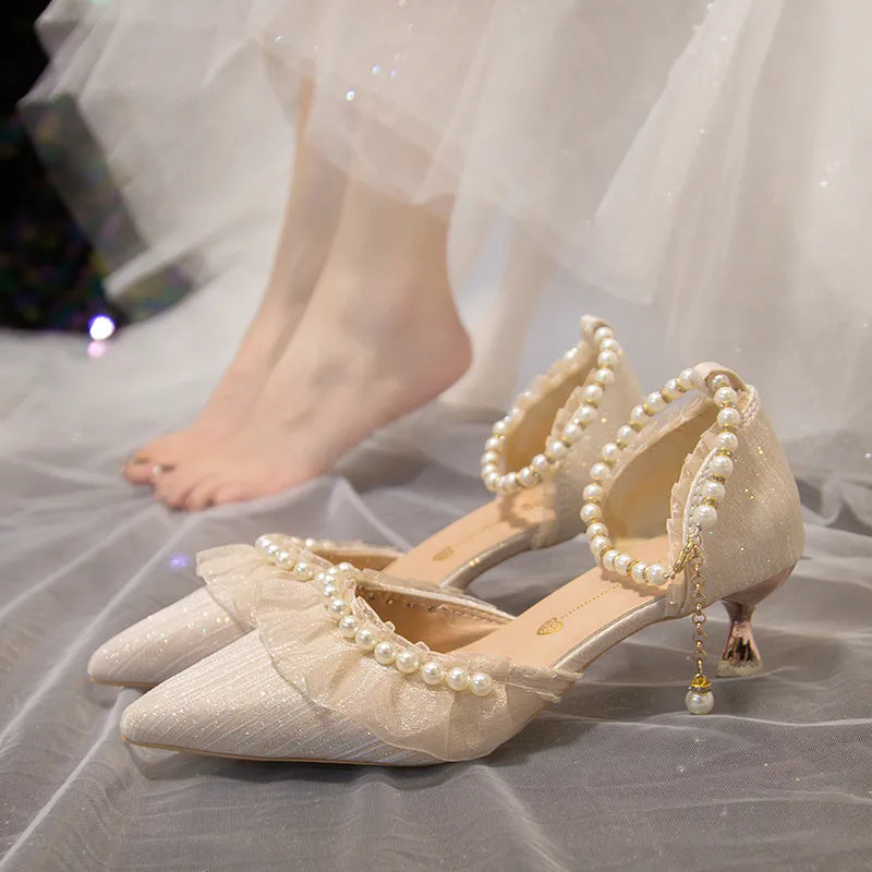 Elegant lace thin heels women string bead ankle strap pearl bridal wedding comfort med heels shoes – Pollyanna Events