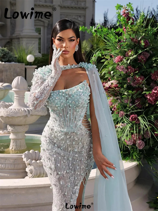 Sexy Prom Dresses High Split Sequins Beaded Evening Dress With Jacket Long Sleeve Mermaid Floor Length Pearl Crystals Party Gown