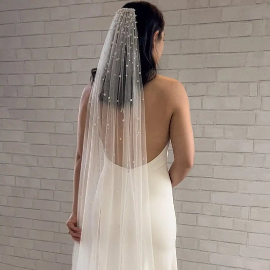 TopQueen Pearls Véils de noiva com véu de casamento de casamento 1 Nível de 3 metros Luxo Luxo Véu de Cabelo de Cabelo Luxo Casamento V180