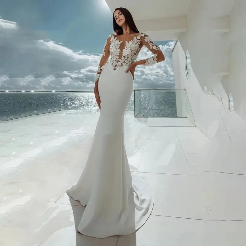 Sexy Illusion Wedding Dresses 2026 Scoop Lace Appliques Long Sleeves Mermaid Boho Bridal Bride Gown Women vestidos de novia