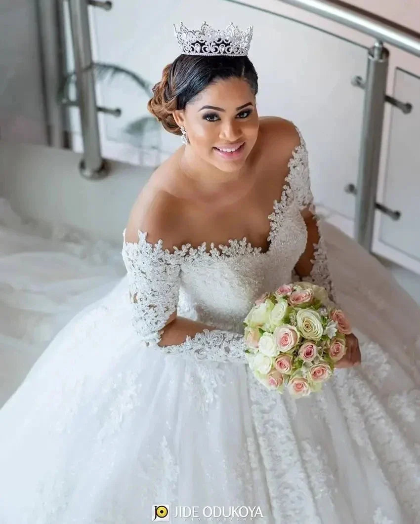 Elegant sheer neck lace appliques sweep train tulle bridal gown wedding dress – Pollyanna Events