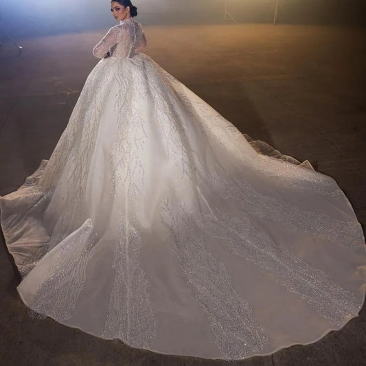 Modest High Collar Long Sleeve Bride Dress Sparkly Sequins Wedding Gown 2024 Luxury Ball Gown Long Bride Robe Vestido De Novia
