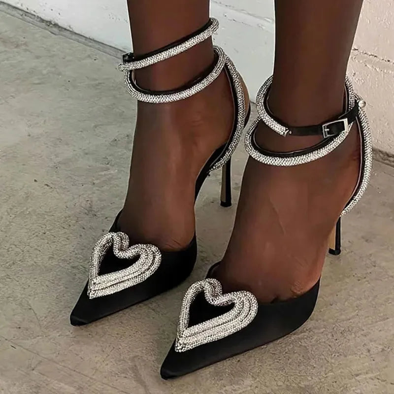 Glitter rhinestones crystal heart buckle women pumps runway summer lady high heels party prom shoes – Pollyanna Events