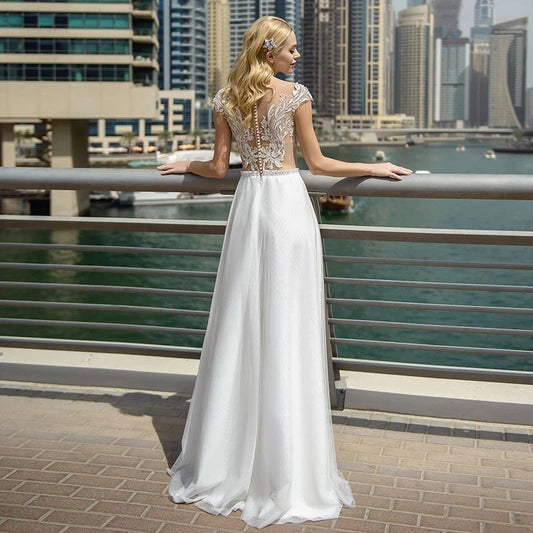 Scoop Boho Wedding Dresses Chiffon Side Slit Cap Sleeves Vestidos de Noivas  Lace Appliques Sexy Beach  Bridal  Bride Gowns