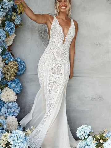 Popolare abito da sposa lungo bohémien Deep V Neck Lace Abiti da sposa Abito da sposa Tulle Tulle Borde senza sposa da sposa De Mariée