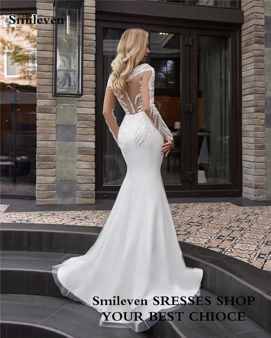 Smileven Neater Mermaid Весільні сукні з довгим рукавом v шию складки елегантні наречені сукні весільні сукні без спини 2023 Vestido de noiva