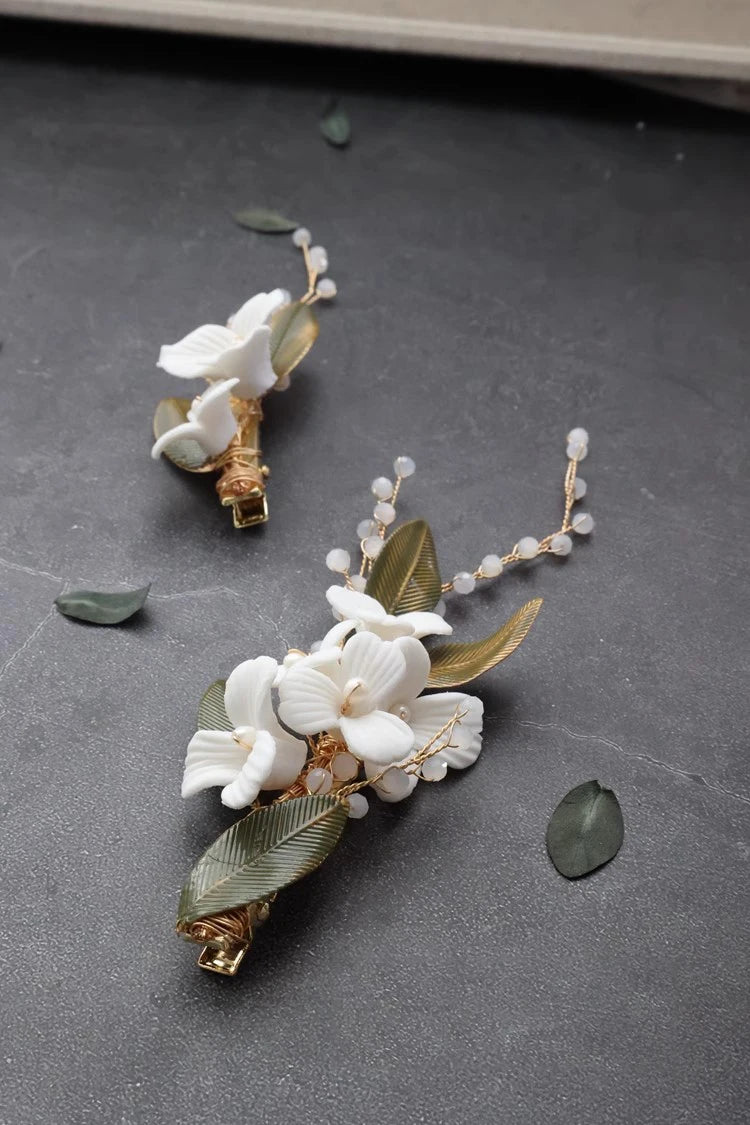 Wedding Accessories Vintage Gold Color Hair Clip Pin Pearl Hairpin For Brides Leaf Porcelain flower Head Piece Bridal Jewelry