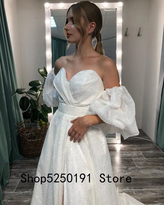 Vestido de noiva de decote em coração, sem costas do ombro de manga curta Cristais divididos com vestidos de noiva glitter para mulheres