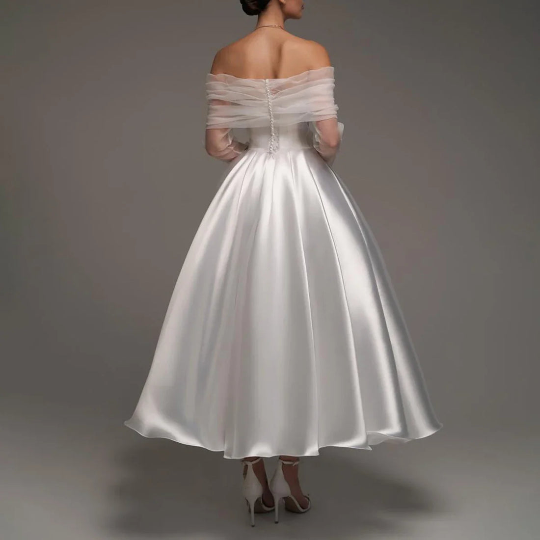 Elegant Teal Length Satin Wedding Dresses For Women Detachable Sleeve Ball Gown For Bride Pleated Bridal Gown Vestidos Novia