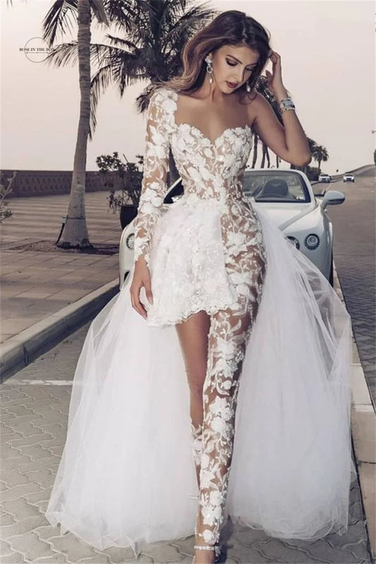 Classic Lace Jumpsuit White Wedding Dresses 2022 One Long Sleeve Sexy Asymmetric See Through Overskirt Beach Bridal Gowns