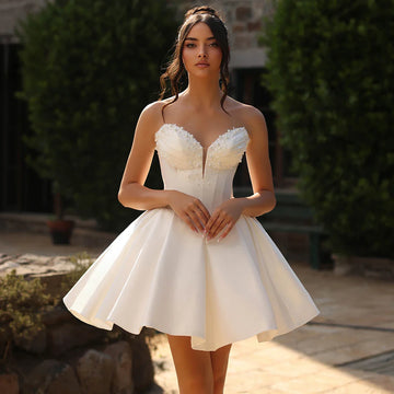 Luxury Beaded Short Wedding Dress For Bride Vestidos Novia Strapless Puffy Ball Gown For Women Mini Satin Bridal Party Gown