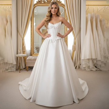 Beach Satin Beaded Wedding Dresses For Bride Vestidos Novia Bridal Party Gown For Women Long V Neck Ball Gown With Train