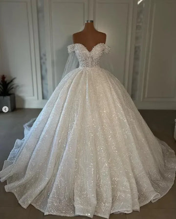 customize Sparkly Princess Wedding Dresses  Ball Gown Sweetheart Off Shoulder Beaded 2025 Bride Dresses Sequins vestido de novi