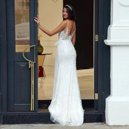 Exquisite Mermaid Wedding Dresses V Neck Applique Bridal Growns Spaghetti Straps Sleeveless Deep Slit Ribbon Vestidos De Novia