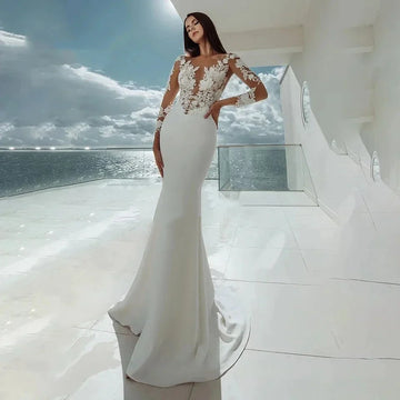 Sexy Illusion Wedding Dresses 2026 Scoop Lace Appliques Long Sleeves Mermaid Boho Bridal Bride Gown Women vestidos de novia
