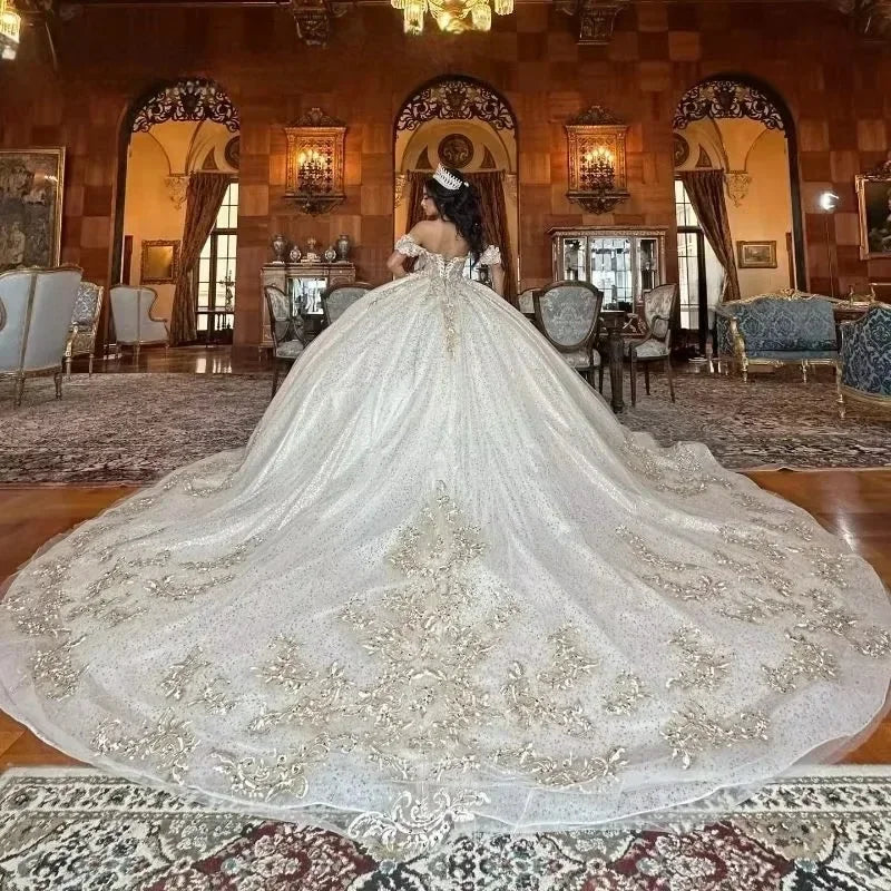 Customized Sweetheart Wedding Dresses Off The Shoulder Shiny Beaded Sequins Lace Princess Ball Gown Vestidos De Novia