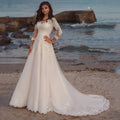 Long Wedding Dress Eleagnt Long Sleeves V Neck Lace Appliques A Line Tulle Sweep Train Bridal For Women Robe De Mariee Summer WHITE