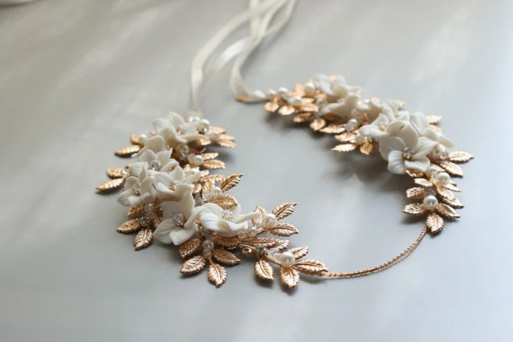Wedding Hair Accessories Vintage Gold Color Headband Pearl Crystal Hairband Bride Porcelain Flower Leaf Headpiece Bridal Jewelry