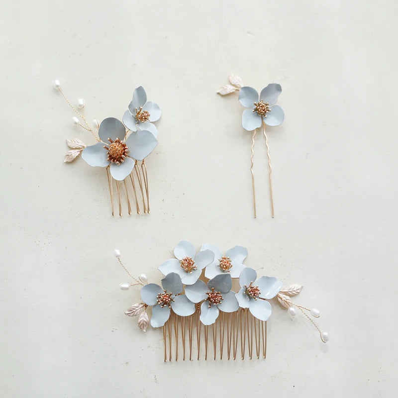 Wedding Accessories Blue Flower Hair Comb Pin Clip Leaf Hairpins For Brides Bridesmaids Women Headpiece Headband Bridal Jewelry