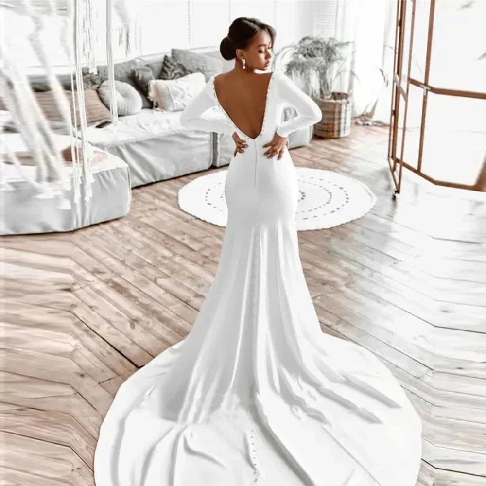 CustomizedSexyDeep-V Women Mermaid Wedding Dresses Long Sleeves Mopping Length Bride Gowns Princess Backless Vestidos De Novias