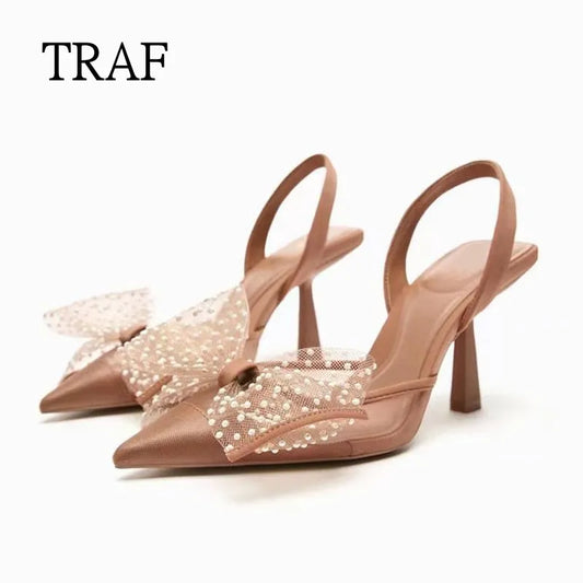 TRAF 2024 Woman Pumps Summer Butterfly High Heels Women Slingback Bow Heels Elegant Office Lady Heeled Pointe Shoes Women heels