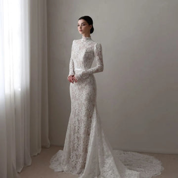 Elegant Lace Weddings Dresses with High Neck Long Sleeve Sweep Train Mermaid Bride Dress for Women Church Bridal Gown Customized