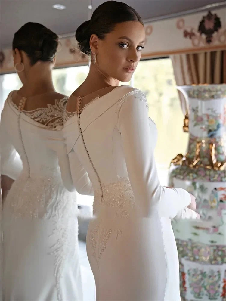 Customize Elegant Mermaid Long sleeves Wedding Dresses Appliques Lace Soft Satin O-neck Bridal Gowns Vestido De Noiva
