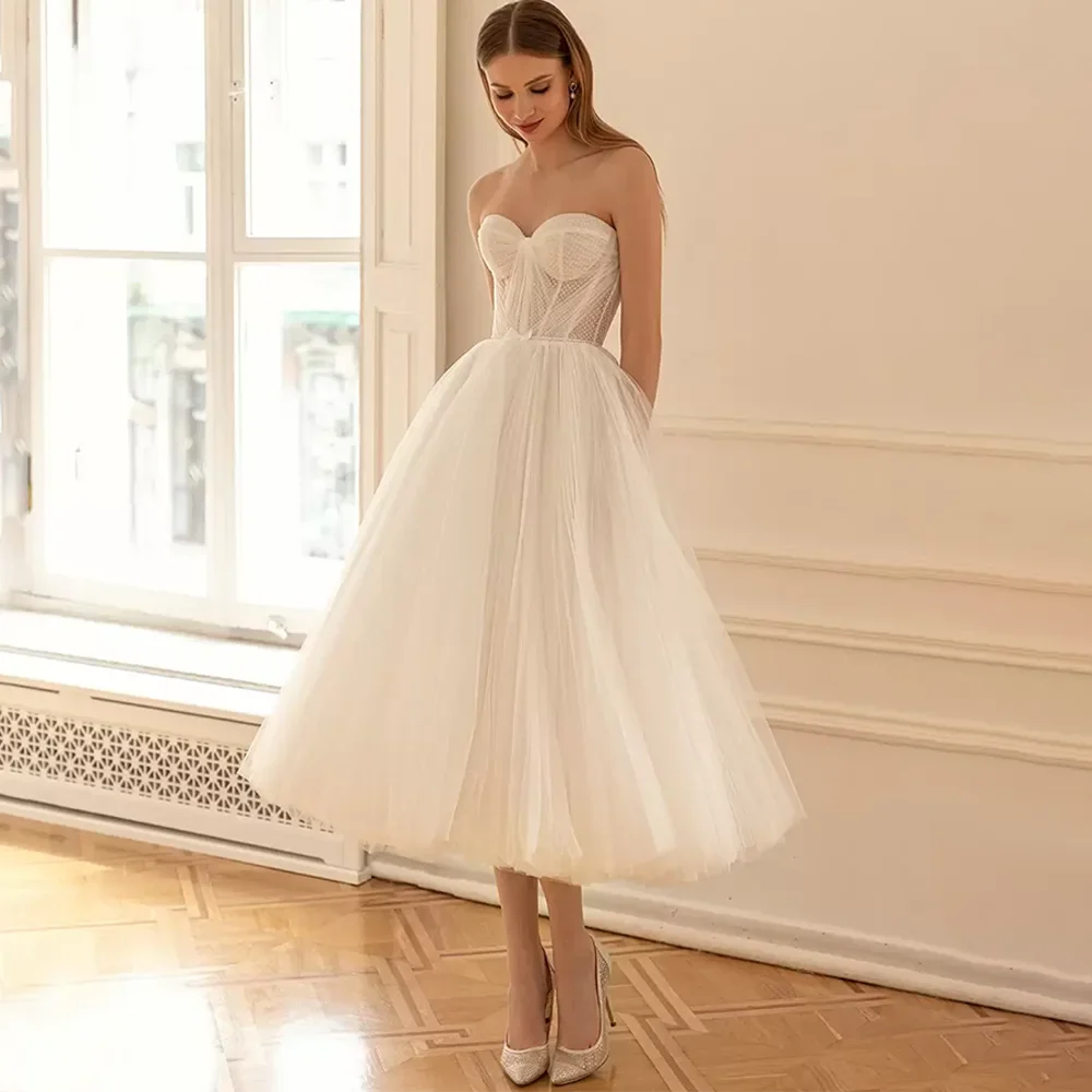 Sweetheart Short Wedding Dresses Sleeveless Mid-Calf Tulle Simple A-Line Bride Gowns Backless Zipper Vestido De Novia